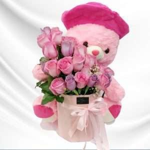 Pretty flowers box with teddy bear - Code 32