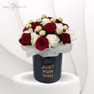 White and red roses with chocolate